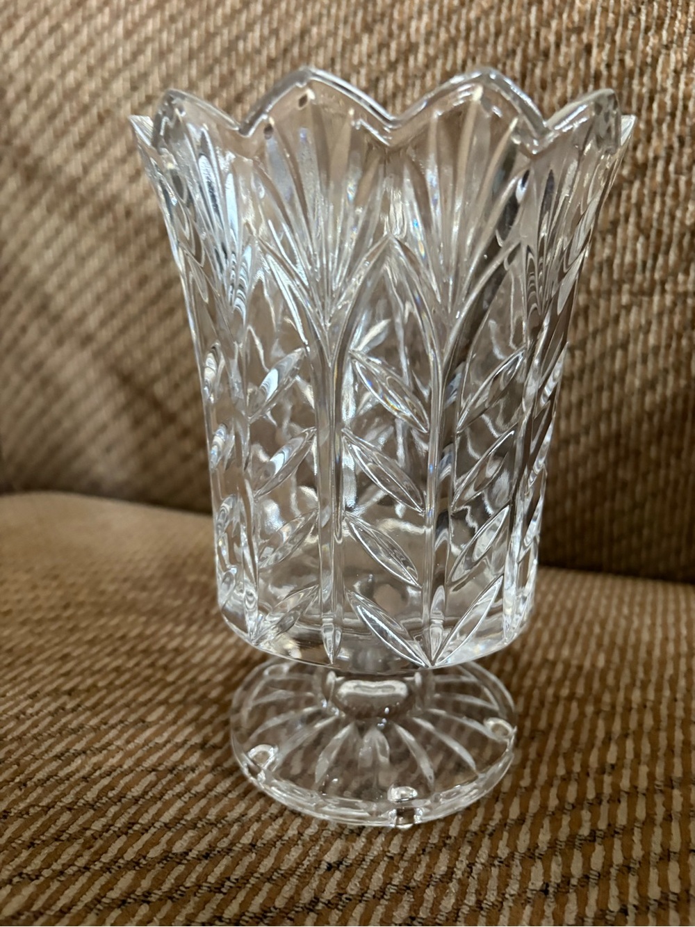 Source Unknown Clear Pressed Glass Pedestal Vase with Leaf-Cut Pattern